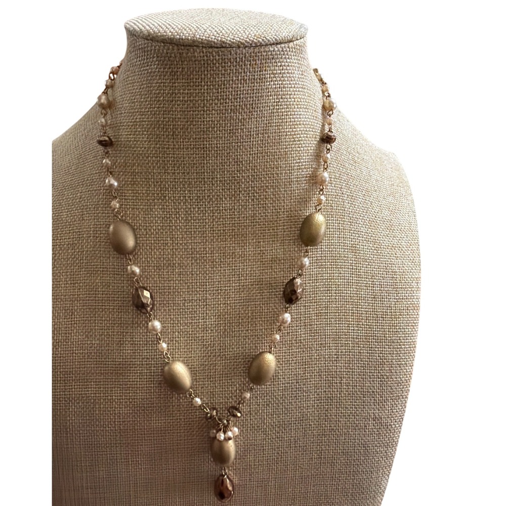 Gold Tone Faux Pearl & Bronze Beaded Y-Drop Necklace Layering Neutral